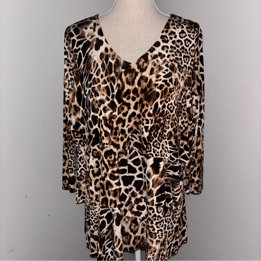 Susan Graver Liquid Knit giraffe print tiered stretch jersey 3/4 sleeve top XL